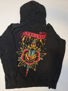 Stay Cold Apparel Black Hoodie with Colorful Dagger & Rose Back Print Size XXL